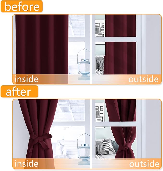 Hiasan Blackout Curtains for Bedroom, 38 x 63 Inches Length - Thermal Insulated & Light Blocking Window Curtains for Living Room Christmas Decor, 2 Drape Panels Sewn with Tiebacks, Burgundy
