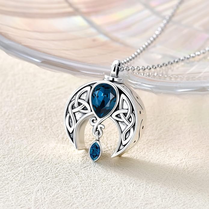 AOBOCO Sterling Silver Celtic Crescent Moon Goddess Pendant Irish Good Luck Necklace with Birthstone Crystal, Celtic Moon Jewelry Gift for Women Mom Wife