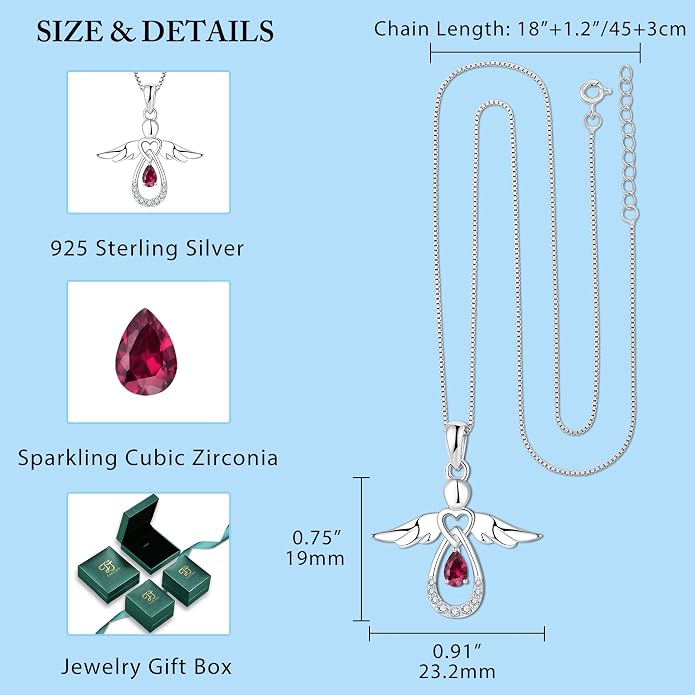 FJ Guardian Angel Necklace 925 Sterling Silver Birthstone Pendant Angel Jewelry Gifts for Women