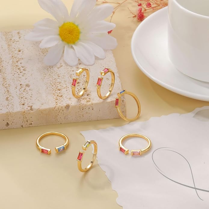 WFYOU Gold Birthstone Rings for Women - Non Tarnish Dainty 14K Gold Plated Stackable CZ Rings for Her & Couples - Personalized Jewelry Gift for Birthday