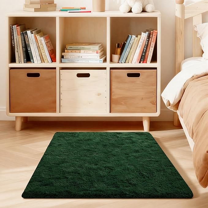Dark Green Rugs for Bedroom, 3x5 Fluffy Area Rugs for Living Room, Small Fuzzy Shag Soft Non-Slip Carpet for Kids Girls and Boys Nursery Dorm Indoor Room Home Decor (3ft X 5ft, Dark Green)