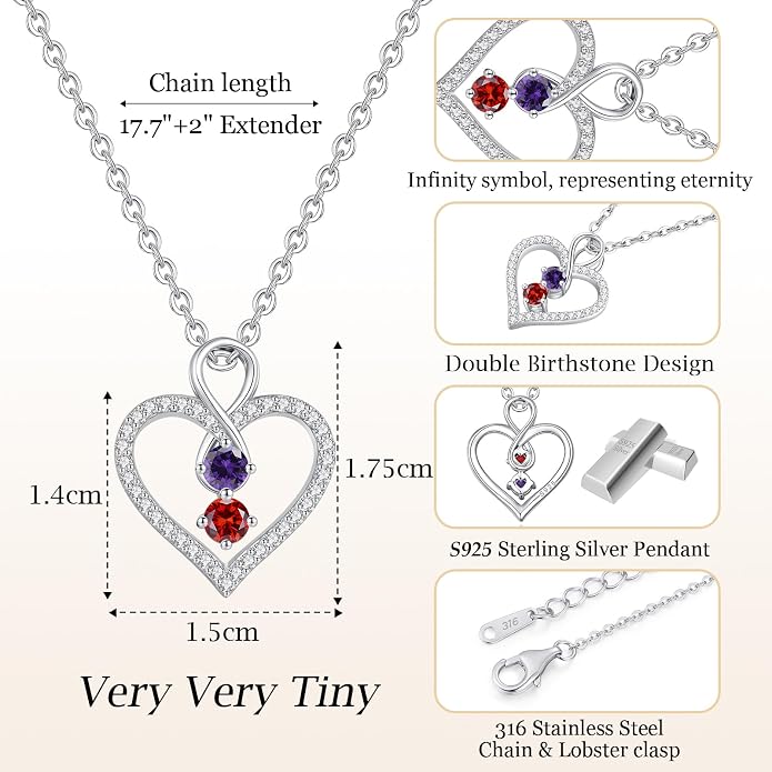LOUISA SECRET Double Birthstone Necklaces for Women, 925 Sterling Silver Infinity Love Heart Pendant Necklace for Her, Birthday Anniversary Valentine's Day, Christmas, Wedding, Graduation Gift for Her, Personalized Gifts, Jewelry Gifts for Wife Mom Gir...