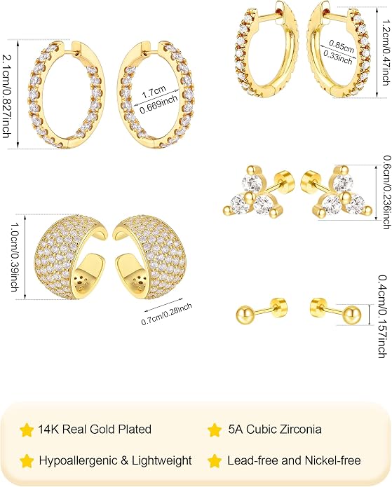 Dainty Big Small Hoop Earrings for Women Huggie Hypoallergenic Silver Gold Flat Back Stud Earrings Set 14K Gold Plated Luxury Cubic Zirconia Ear Cuff Cartilage Earrings for Multiple Piercing Jewelry Gifts for Women 5 Pairs