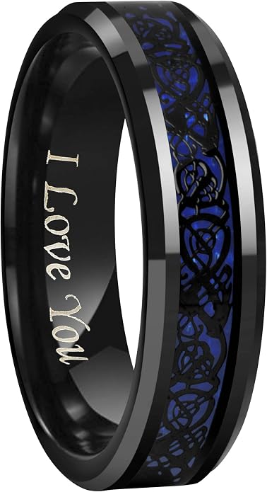 CROWNAL 6mm 8mm Blue Carbon Fiber Black Celtic Dragon Tungsten Carbide Wedding Band Ring Engraved I Love You Size 4 To 16