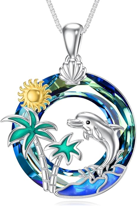 Midari Ocean Necklace 925 Sterling Silver Flamingo Mama Bear Dolphin Penguin Sea Turtle Axolotl Desert Cactus Nautical Rudder Tropical Palm Compass Wave Pendant Boho Jewelry Gifts for Women Men
