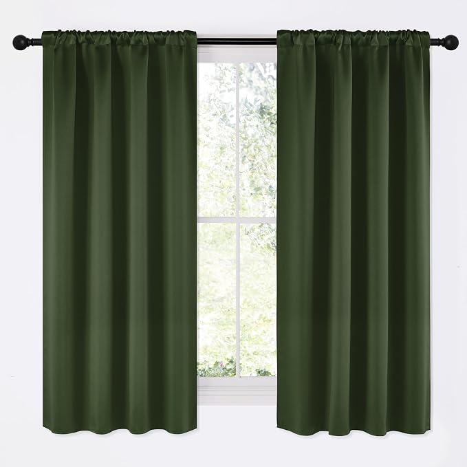 NICETOWN Dark Green Blackout Cafe Satin Curtains for Small Windows, 42" Wide by 63" Long, 2 Panels, Rod Pocket Noise Reducing Faux Silk Blackout Drapes for Dining Room