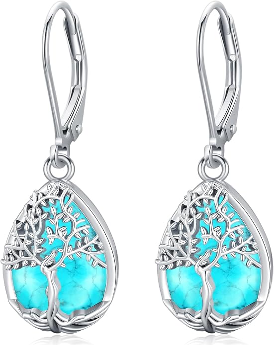 Odinstone 925 Sterling Silver Earrings Tree of Life Teardrop Moonstone Dangle Drop Leverback Earrings for Women