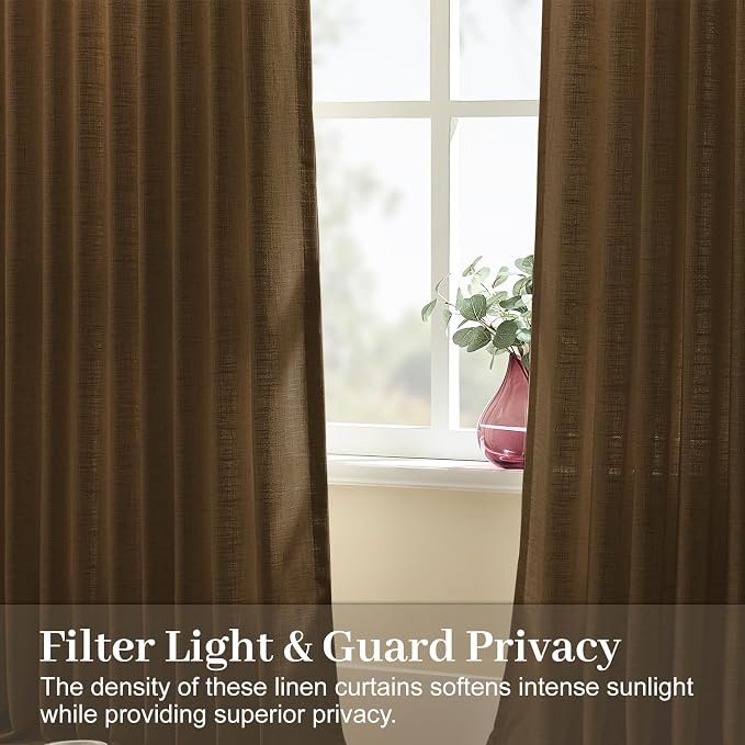 Living Room Pleated Curtains 96 Inches Long, Pinch Pleated Semi Sheer Curtain Rustic Textured Light Filtering Memory Trained Drapes with Hooks Rings for Bedroom, Dark Chocolate, W40xL96, 2 Panel