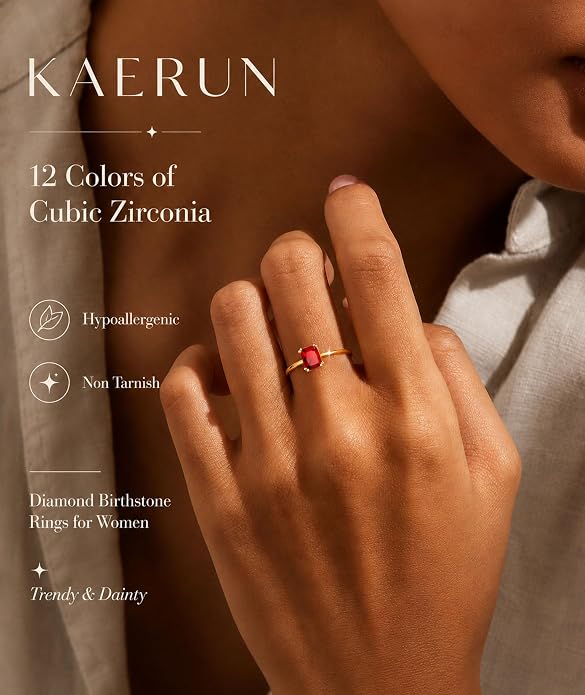 KAERUN Gold Birthstone Rings for Women Non Tarnish 14K Gold Plated Stackable CZ Thumb Eternity Rings Dainty Emerald Green Gemstone Engagement Ring for Mother Lover Birthday Jewelry Gifts Size 6-10