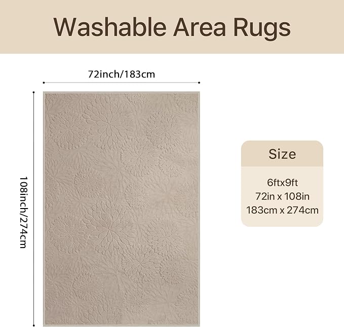 GENIMO Soft Washable Area Rugs 6x9, 3D Modern Floral Rugs for Living Room, High-Low Pile Textured Non Slip Fuzzy Shag Carpet, Non-Shedding Stain Resistant Light Brown Rugs for Bedroom, Dining Room