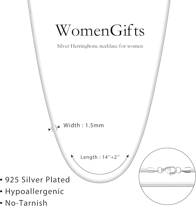 WomenGifts 14K Gold Silver Plated Herringbone Necklace for Women, Dainty Snake Chain Choker, Trendy Simple Long Layered Jewelry Non Tarnish, 3/4/5/8mm,14,16,18,20,22,24,26 Inch Thin & Chunky Options