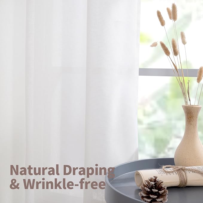 YoungsTex White Linen Semi Sheer Curtains 45 Inch Length for Kitchen Windows, Short Drapes Lightweight with Grommet Light Filtering Textured for Bedroom Cafe Bathroom, 2 Panels, 52 X 45 Inch