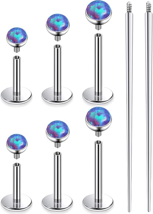 Ruifan Titanium Flat Back Lip Rings Externally Threaded Earrings Studs Nose Rings 20G 18G 16G Jeweled Round Opal Tragus Cartilage Lobe Rook Helix Conch Labret Medusa Piercing Jewelry for Women Men