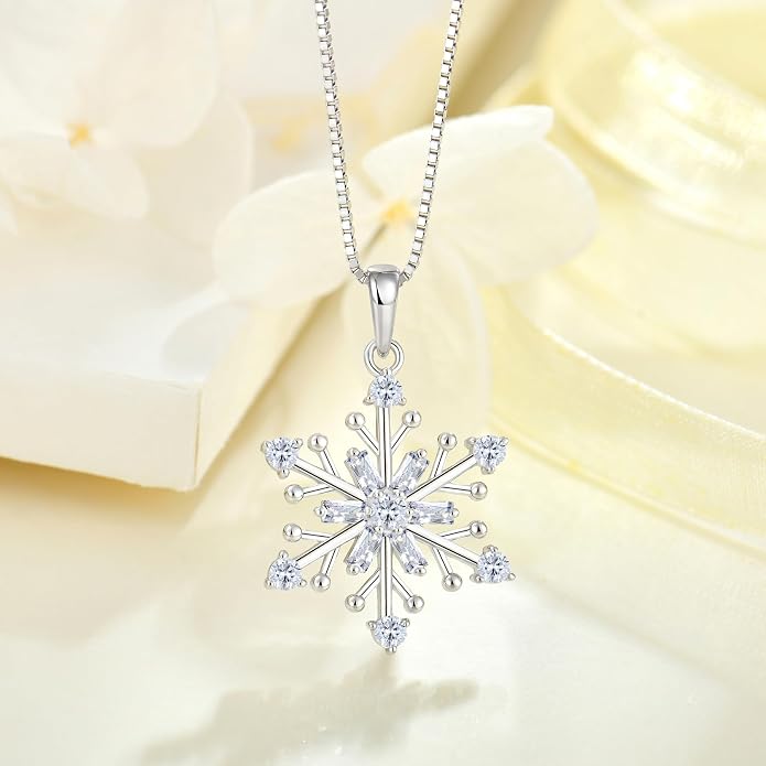 925 Sterling Silver Snowflake Necklace Birthstone Snowflake Pendant Necklaces for Women Cubic Zirconia Christmas Jewelry