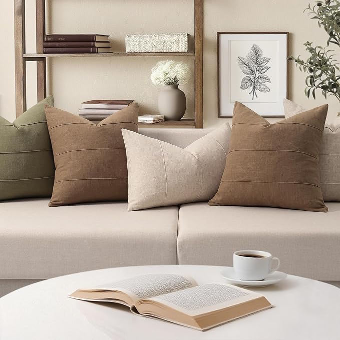 ZWJD Decorative Linen Throw Pillow Covers 24x24 Set of 2 Solid Handcrafted Striped Cushion Covers for Bed Soft Modern Farmhouse Neutral Pillowcase for Couch Bedroom Living Room Home Decor(Coco Brown)