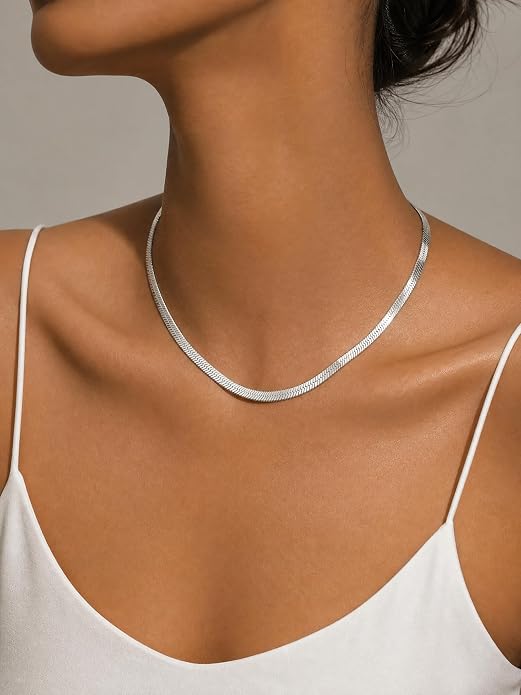 14K Gold/Silver Plated Stainless Steel Herringbone Necklace for Women, Dainty Snake Chain Choker, Trendy Simple Long Layered Jewelry, Non Tarnish 4mm Flexible Flat Necklace, Made in Italy