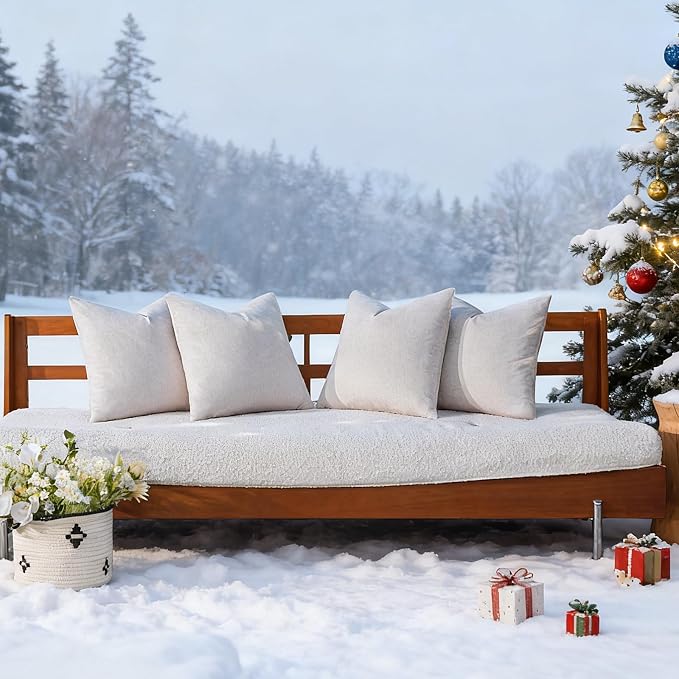 a moment Christmas Waterproof Throw Pillow Covers Set of 4,18x18 Inch Outdoor Stain Resistant Pet Friendly Pillowcases Cushion Covers for Patio Sofa and Living Room,Beige Gray