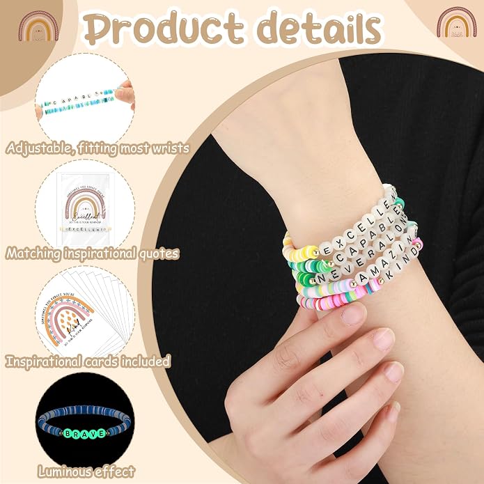 Landical Inspirational Best Friendship Bracelets for Teacher Rainbow Luminous Beaded with Motivational Quotes Card Friendship Encouragement Gift for Mom Women Sister Daughter Coworker