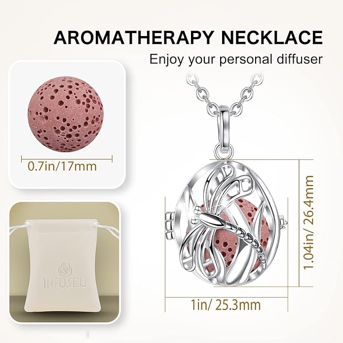 INFUSEU Aromatherapy Gifts Essential Oils Diffuser Jewelry for Women, Cute Animals Pendant Necklaces, 7 Lava Rocks Stones, 24" Chain