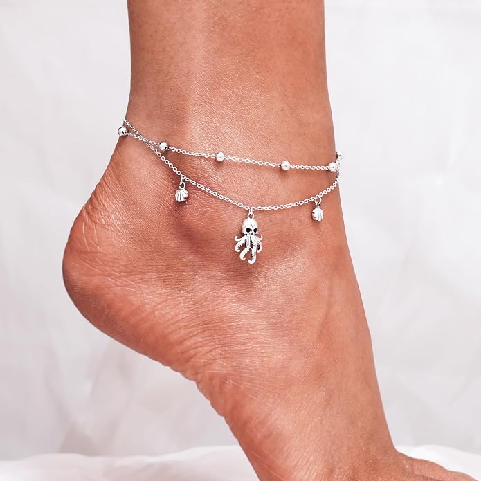 CHIC & ARTSY 925 Sterling Silver Ankle Bracelets for Women, Adjustable Layered Foot Chains with Nature & Symbol Charms, Lightweight Comfort Fit Boho Beach Everyday Jewelry