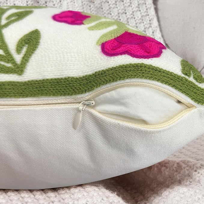 Alysheer Summer Decorative Throw Pillow Covers 18"x 18" Set of 2, Floral Embroidered Farmhouse Hot Pink Flowers Green Vine Patterned Cotton Canvas Cushion Case for Sofa Couch Bed Living Room Decor