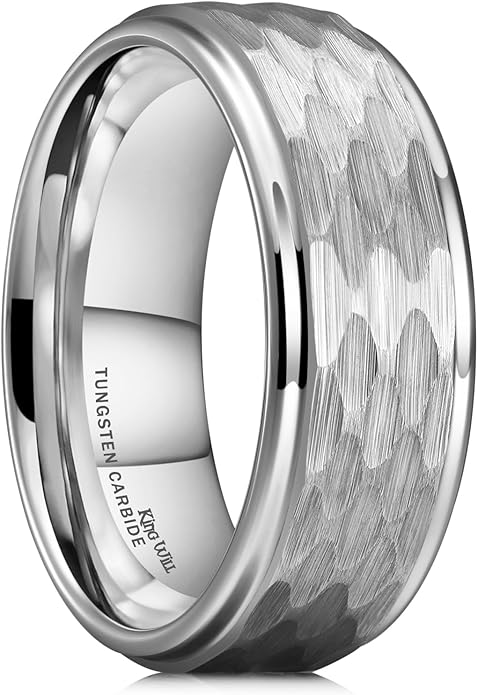King Will Hammered 8mm Silver Tungsten Ring Hammer Men Wedding Band Comfort Fit