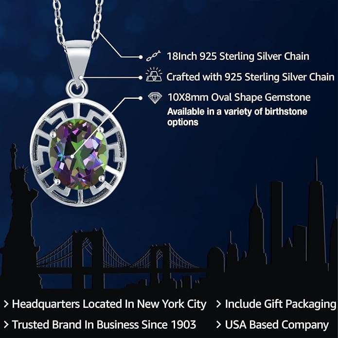 Gem Stone King 925 Sterling Silver 10X8MM Oval Gemstone Birthstone Necklace | Greek Key Pendant Necklace for Women | With 18 Inch Silver Chain