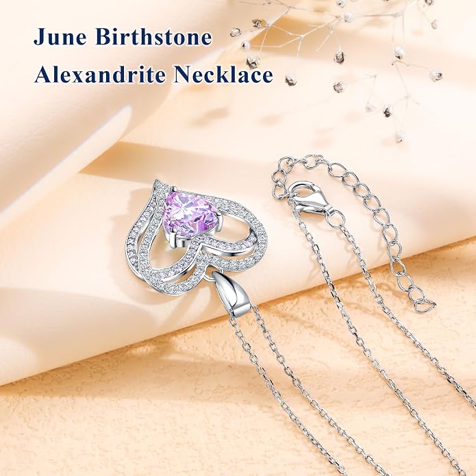 Anniversary Charm Necklace, Sterling Silver 14K Gold Plated Chain with Interlocking Heart Pendant Elegant Birthstone Necklaces for Women, Length 18"