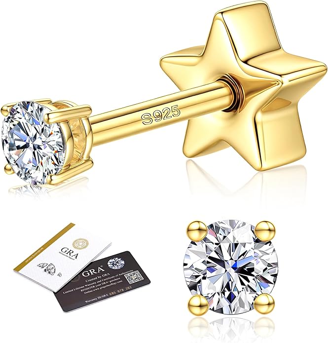 Moissanite Earrings Studs - 925 Sterling Silver Earrings for Women Men 14K Gold Plated Double Sided Star Flat Back Stud Earring Hypoallergenic Small Cartilage Helix Piercing Jewelry D Color VVS1