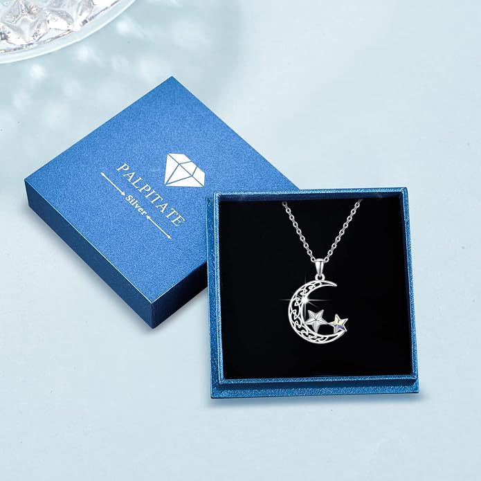 Palpitate Moon Star Necklace Moon Phase Necklace Pendant 925 Sterling Silver Jewelry Christmas Gifts for Women Wife Her Adjustable Chain