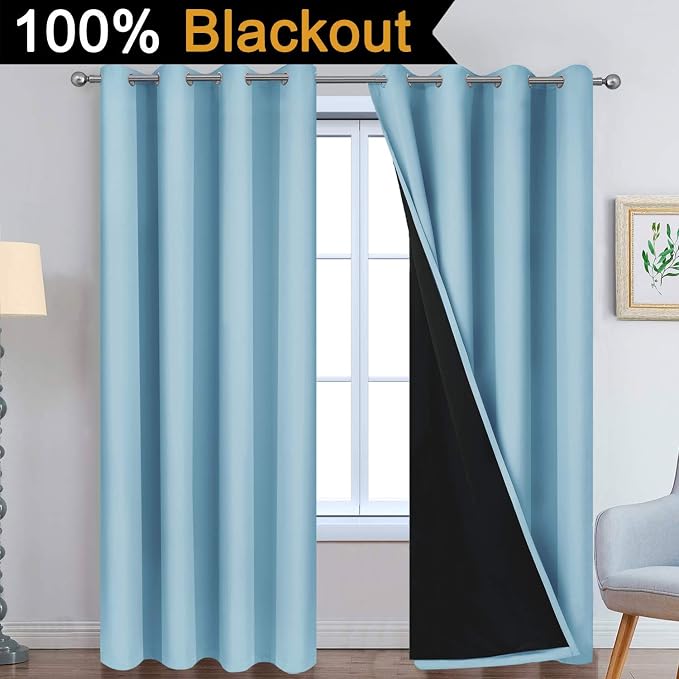 Yakamok Sky Blue 100% Blackout Curtains 96 Inches Long 52" Wide 2 Panel | Blackout Curtain Panels for Bedroom, 2 Thick Layers Grommet Top Thermal Insulated Drapes with Black Liner for Living Room