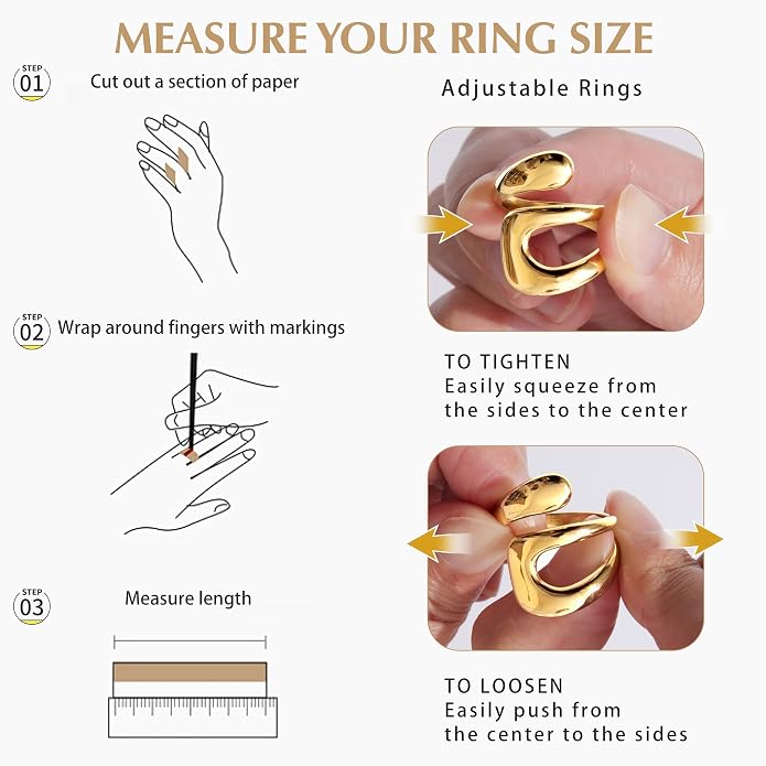 Gelbesty Waterproof Gold Statement Rings for Women, 14K Gold Plated Chunky Open Stackable Rings Non Tarnish Fashion Adjustable Stainless Steel Pinky Knuckle Signet Vintage Ring Jewelry Size 5-11