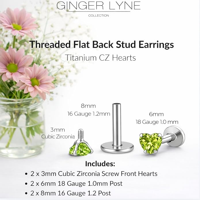 Titanium Heart CZ Labret Stud Earrings for Piercings by Ginger Lyne 6Pc Set G23 Screw Front Flat Back Body Jewelry 2 pair post 6mm, 8mm Cartilage, Helix, Tragus, Lip, Conch, Lobe