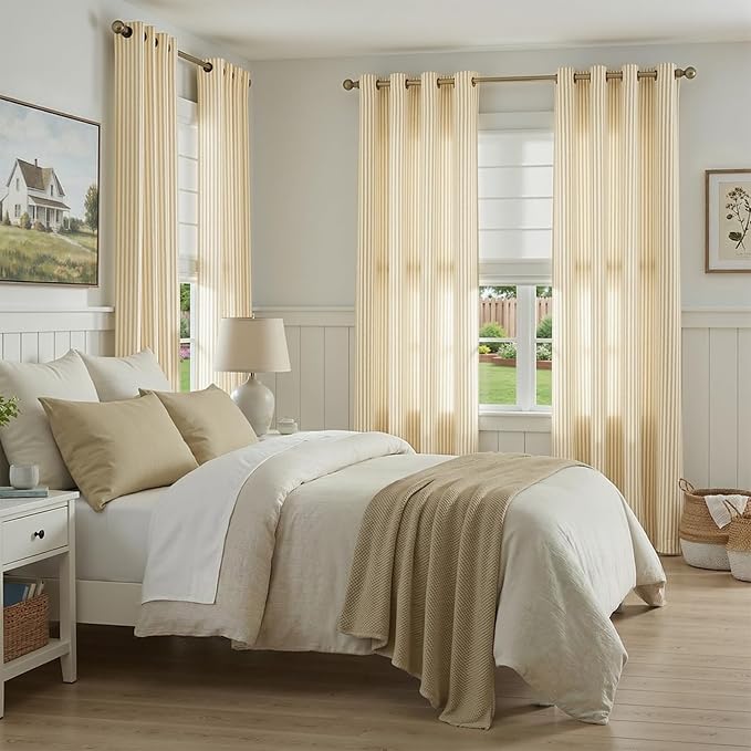 Vangao Linen Striped Curtains for Living Room Bedroom Farmhouse Tickingstripe Light Filtering Window Curtains Printed Drapes Grommet Top 2 Panels Mustard Yellow on Off White W50 x L84 Inch