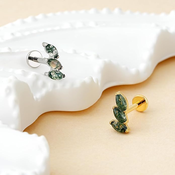 FINE4U 16G Moss Agate Body Piercing Jewelry for Helix Flat Tragus Lobe 16G 6mm 8mm - ASTM F136 Titanium Screw on Flat Back Stud, Hypoallergenic Cartilage Earring