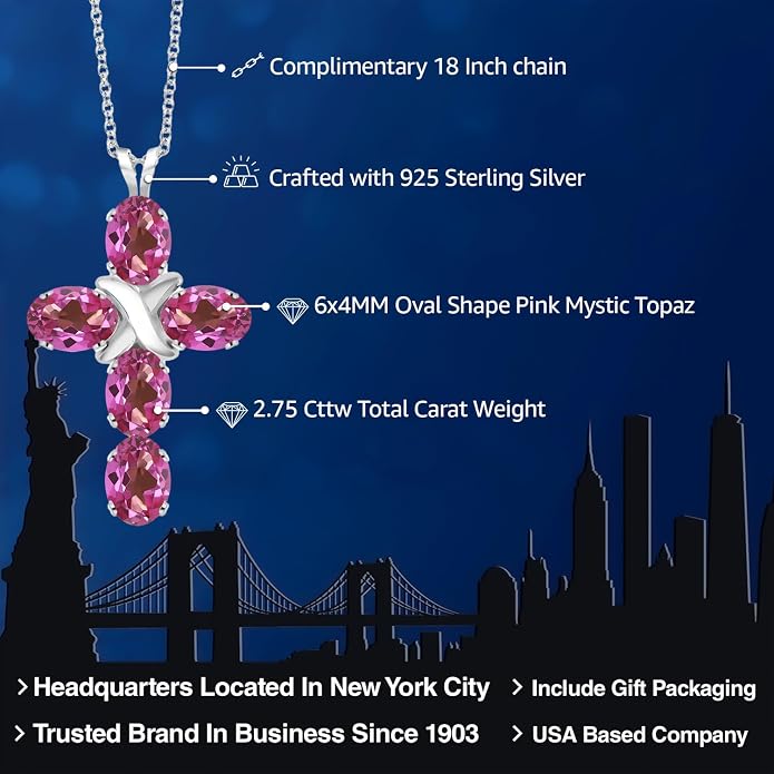 Gem Stone King Cross Pendant Necklace for Women | 925 Sterling Silver | 6X4MM Gemstone Birthstone | Jesus Christian Religious Crucifix Jewelry Gifts | 18 Inch Chain