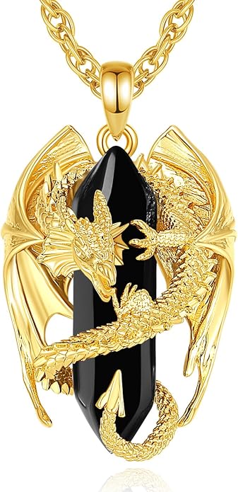 INFUSEU Unique Dragon Necklaces with Healing Crystal Stone for Men Women, Personalized Spiritual Gifts, 24 Inch Chain