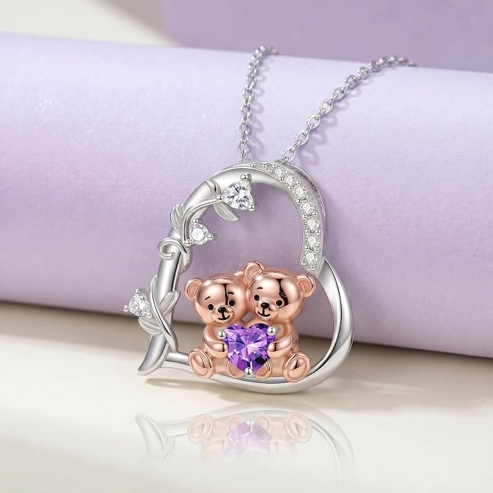 PELOVNY Teddy Bear Necklace for Women 925 Sterling Silver Bear/Highland Cow/Fox/Cat/Axolotl Birthstone Necklace Christmas Birthday Jewelry Gifts for Mom Daughter Wife Sister