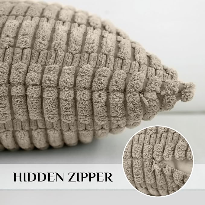 Softalker Throw Pillow Covers 20x20 Inch, Set of 4, Corduroy Soft Striped Farmhouse Boho Pillow Cover, Modern Decorative Cushion Pillow Case for Couch Sofa Bedroom Living Room, Taupe
