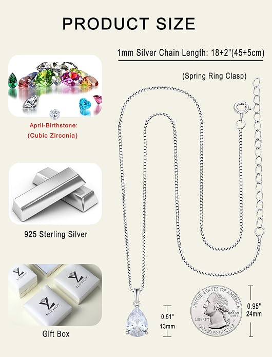 YL Teardrop Necklace 925 Sterling Silver Solitaire Pendant 9x12 MM Pear Cut Multicolored Birthstone Jewelry for Women