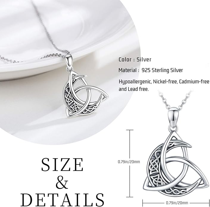 CHENGHONG Celtic Moon Necklace for Women 925 Sterling Silver Celtic Knot Moonstone Pendant Necklace Crescent Irish Necklaces Celtics Jewelry Gift for Women Men