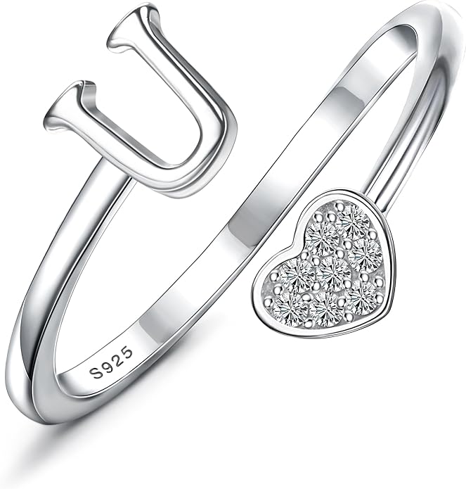 MILACOLATO 925 Sterling Silver Initial Rings for Women Teen Girl 18K Gold Plated Heart Initial Rings Adjustable Capital Letter Ring Stackable Thumb Pinky Rings for Daughter Birthday Bridesmaid Gifts Jewelry, A to Z