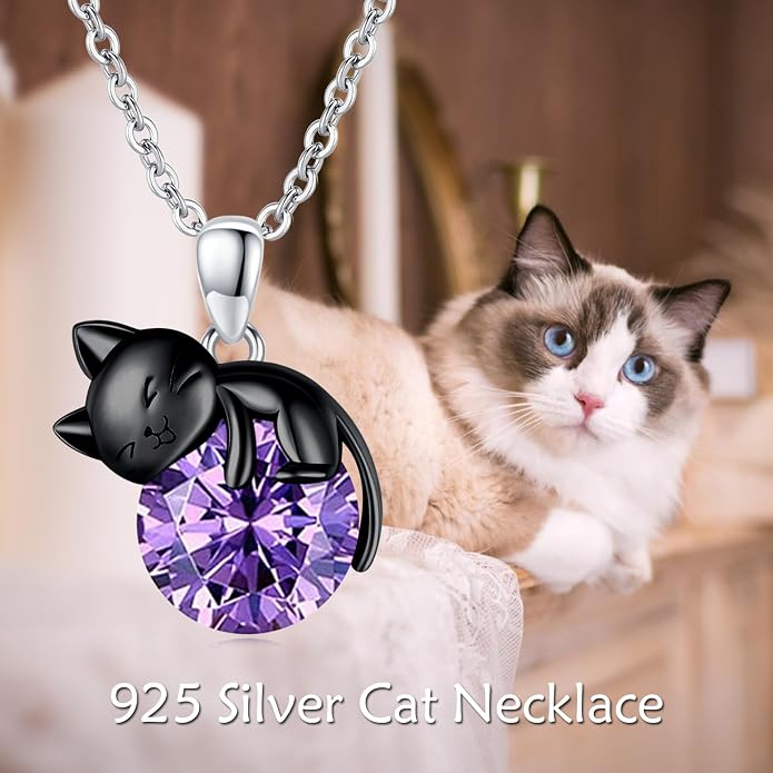 Cat Necklace Sterling Silver Cat Zircon Pendant Gothic Jewelry for Women Animal Lovers Gifts