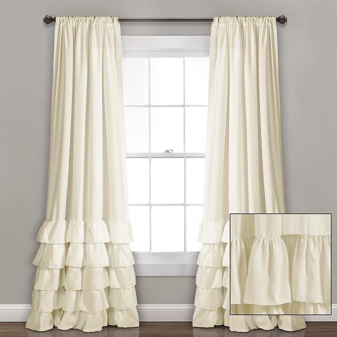 Lush Decor Kemmy Light Filtering Window Curtain Panel Single 52" W x 95" L Ivory - Drapes - Ruffled Curtains for Bedroom - Cream Curtains - Coquette Decor