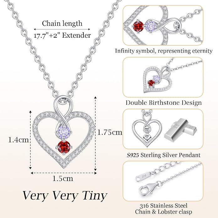 LOUISA SECRET Double Birthstone Necklaces for Women, 925 Sterling Silver Infinity Love Heart Pendant Necklace for Her, Birthday Anniversary Valentine's Day, Christmas, Wedding, Graduation Gift for Her, Personalized Gifts, Jewelry Gifts for Wife Mom Gir...
