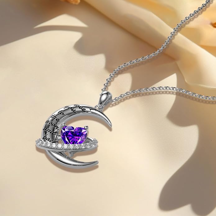 Distance I Love You to The Moon and Back Necklace for Women, S925 Sterling Silver Forever Love Heart Birthstone Necklace, Anniversary Birthday Jewelry for Wife Lover