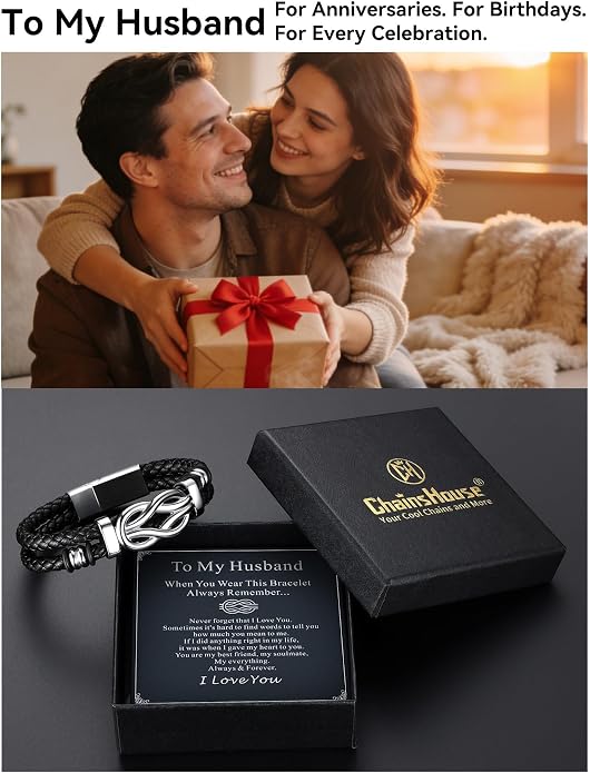 ChainsHouse Square Love Knot Bracelets for Men Braided Leather Stainless Steel Infinity Bracelets with Love Message Card Aniversary Birthday Gift for Men/Love/Husband/Dad