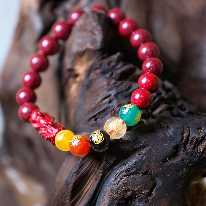 Five Roads Wealth God Cinnabar Pixiu Bracelet - Feng Shui Red String Bracelet for Good Luck & Money Attraction, Fortune Blessing for Men & Women, Adjustable Lucky Charm Bracelet (Classic & Cinnabar Options, 8/10/12mm)