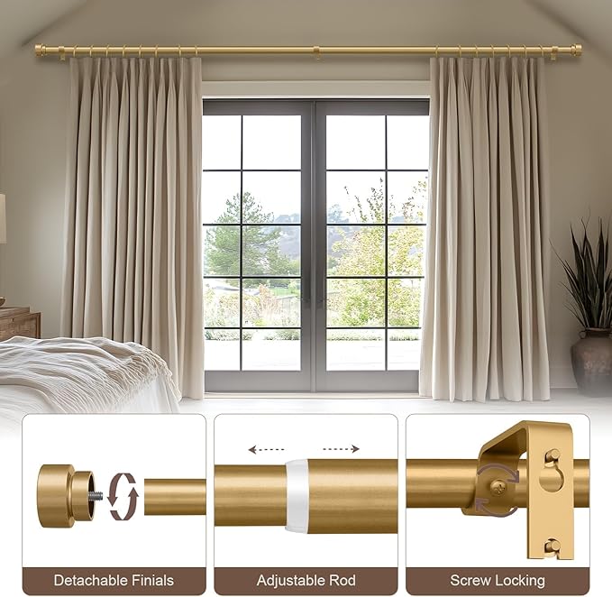 Lootkell Modern Gold Curtain Rods for Windows 66 to 120 Inches Adjustable Length Heavy Duty 1" Diameter Window Curtain Rod with Decorative Finials for Outdoor Bedroom Kitchen Living Room