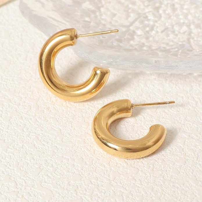 18K Gold Plated Hoop Earrings for Women Chunky Huggie Earrings Minimalist Gold Jewelry Valentine's Day Gift for Girlfriend Wife